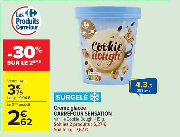 Crème glacée CARREFOUR SENSATION Vanille Cookie Dough, 415 g