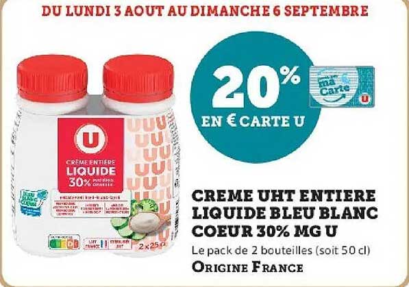 CREME UHT ENTIERE LIQUIDE BLEU BLANC COEUR 30% MG U