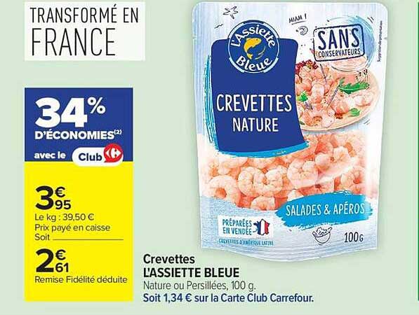 Crevettes L'ASSIETTE BLEUE Nature ou Persillées, 100 g