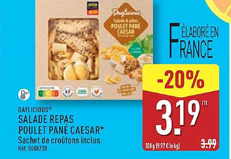 DAYLICIOUS® SALADE REPAS POULET PANÉ CAESAR* Sachet de croûtons inclus.