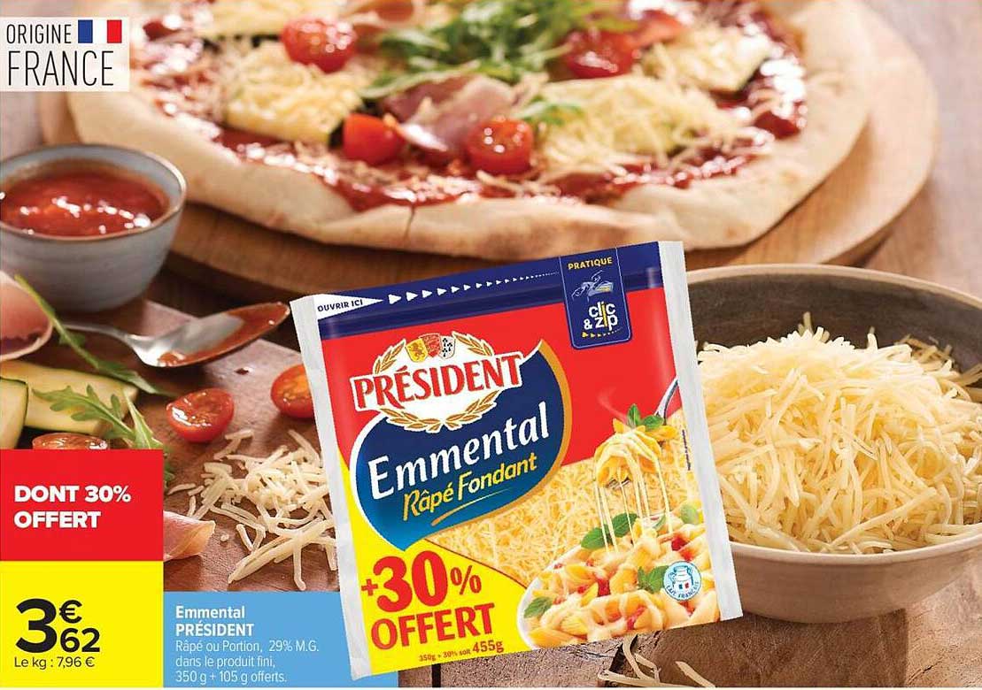 Emmental PRÉSIDENT Râpé ou Portion, 29% M.G., dans le produit fini, 350 g + 105 g offerts.