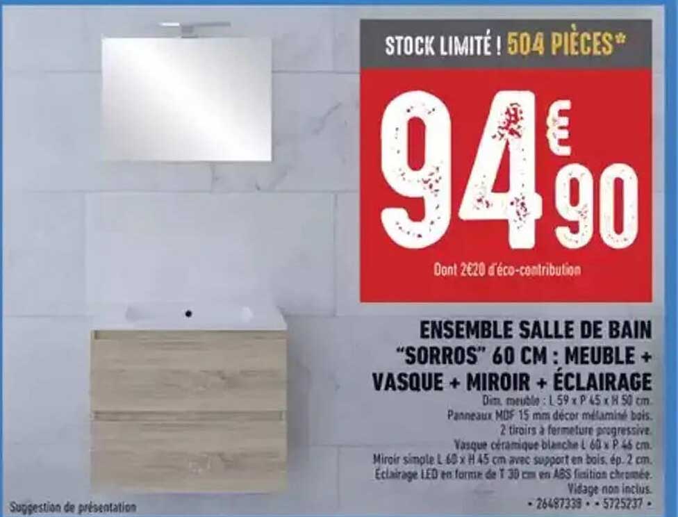 ENSEMBLE SALLE DE BAIN “SORROS” 60 CM : MEUBLE + VASQUE + MIROIR + ÉCLAIRAGE