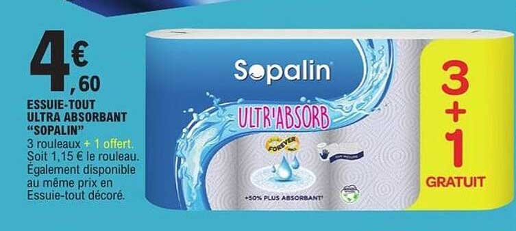Essuie-tout ultra absorbant “Sopalin” 3 rouleaux + 1 offert