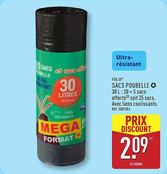 FOLIA® SACS POUBELLE 30 L : 20 + 5 sacs offerts soit 25 sacs. Avec liens coulissants. Réf. 5001384