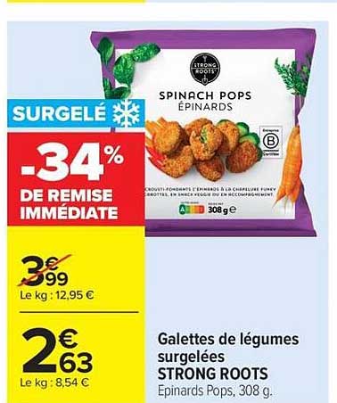 Galettes de légumes surgelées STRONG ROOTS Epinards Pops, 308 g.