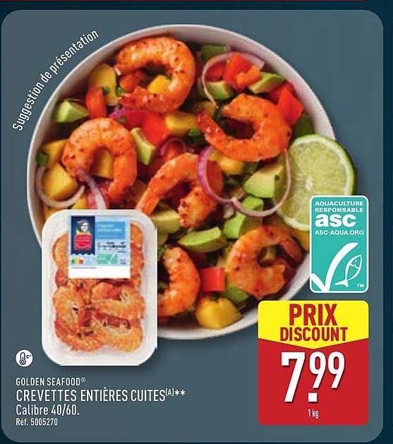 GOLDEN SEAFOOD® CREVETTES ENTIÈRES CUITES(A)** Calibre 40/60. Réf. 5005270
