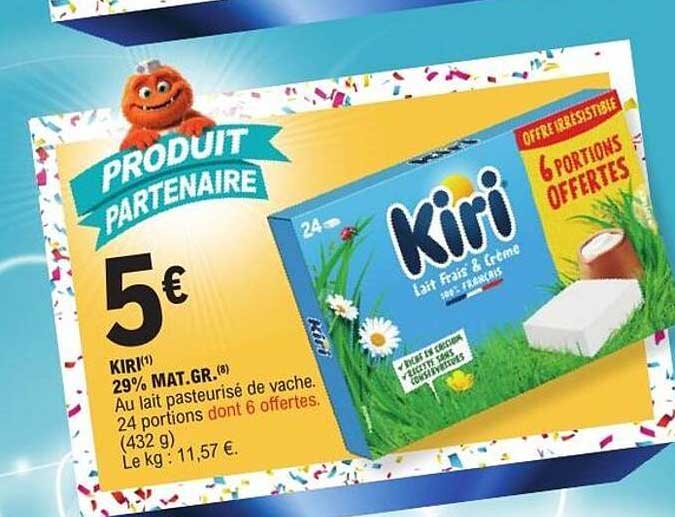 KIRI 29% MAT.GR. (8) Au lait pasteurisé de vache. 24 portions dont 6 offertes. (432 g). Le kg : 11,57 €.