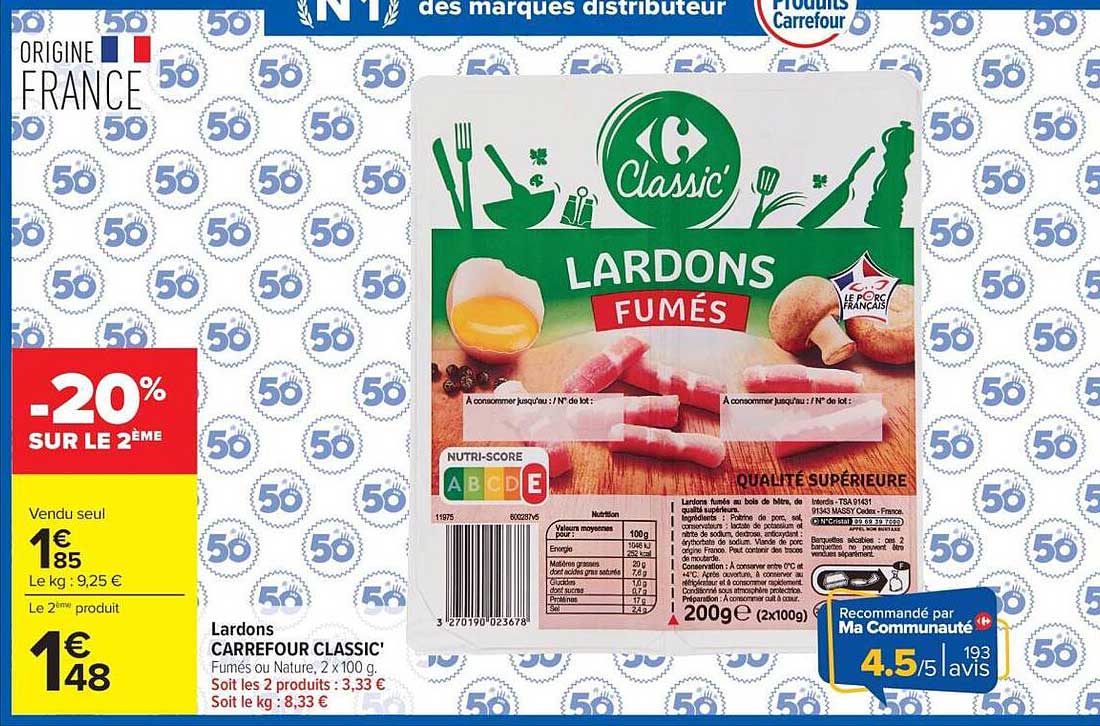 Lardons CARREFOUR CLASSIC' Fumés au Nature, 2 x 100 g