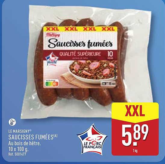 LE MARSIGNY® SAUCISSES FUMÉES(A) Au bois de hêtre. 10 x 100 g. Réf. 5001477