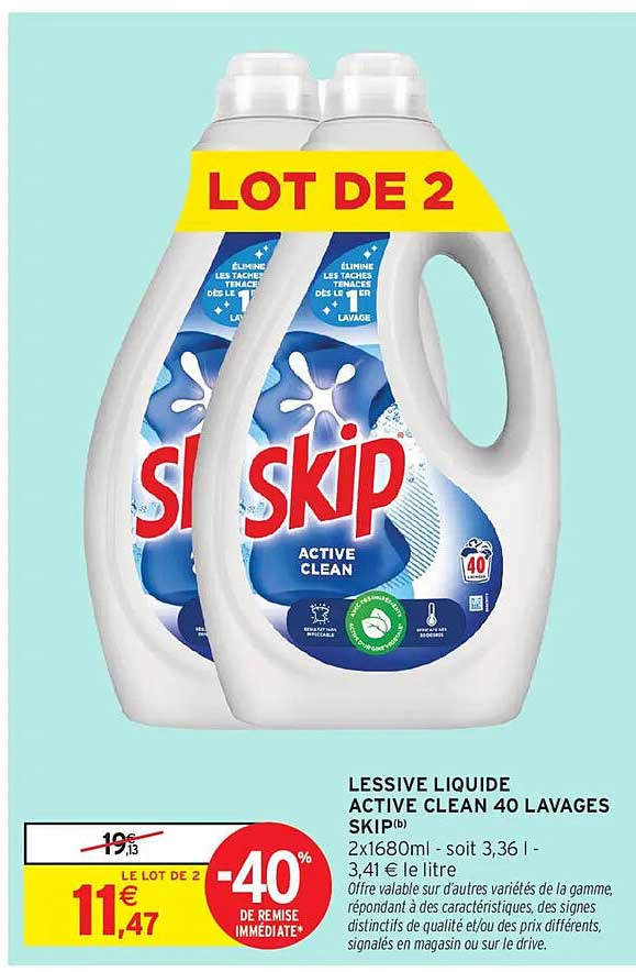 LESSIVE LIQUIDE ACTIVE CLEAN 40 LAVAGES SKIP