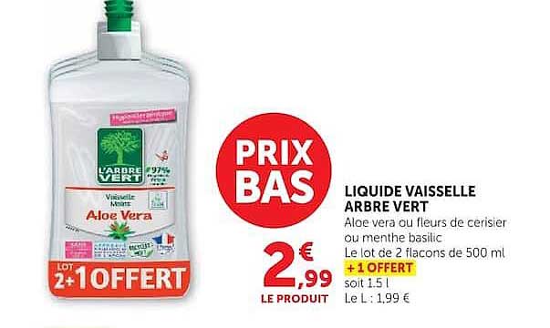 LIQUIDE VAISSELLE ARBRE VERT Aloe vera ou fleurs de cerisier ou menthe basilic Lot de 2 flacons de 500 ml 1 OFFERT soit 1.5 l