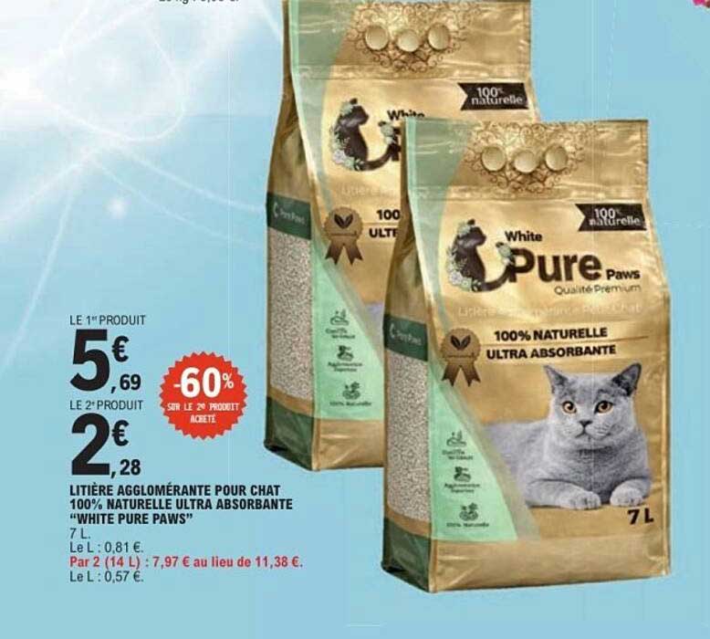 LITIÈRE AGGLOMÉRANTE POUR CHAT 100% NATURELLE ULTRA ABSORBANTE "WHITE PURE PAWS"