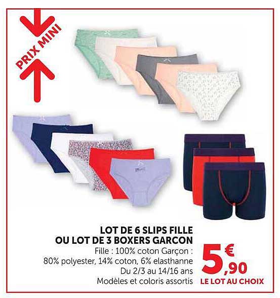 LOT DE 6 SLIPS FILLE OU LOT DE 3 BOXERS GARCON