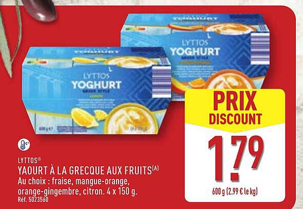 LYTTOS YAOURT À LA GREQUE AUX FRUITS(A) Au choix : fraise, mangue-orange, orange-gingembre, citron. 4 x 150 g.