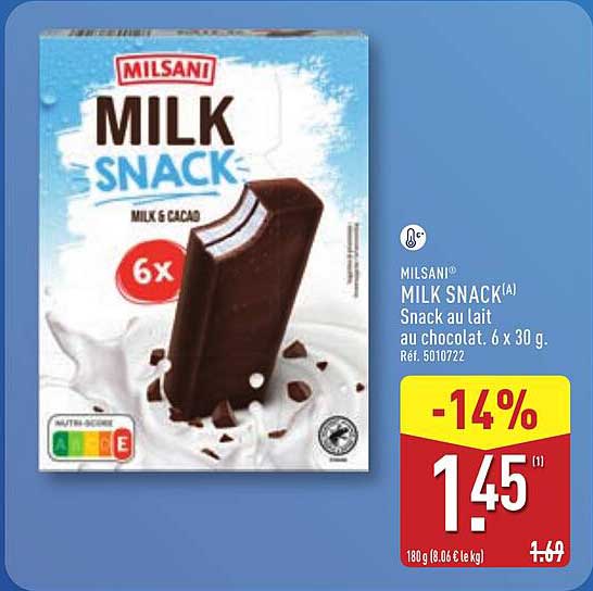 MILSANI MILK SNACK Snack au lait au chocolat, 6 x 30 g.
