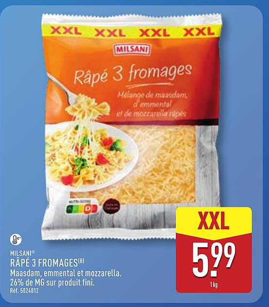 MILSANI® RÂPÉ 3 FROMAGES(B) Maasdam, emmental et mozzarella. 26% de MG sur produit fini. Réf. 5024812