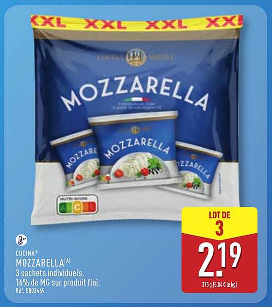 MOZZARELLA 3 sachets individuels. 16% de MG sur produit fini.