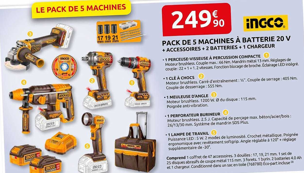 PACK DE 5 MACHINES À BATTERIE 20 V + ACCESSOIRES + 2 BATTERIES + 1 CHARGEUR