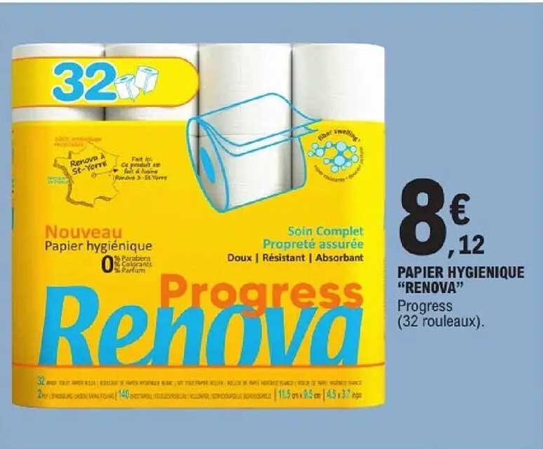 PAPIER HYGIENIQUE "RENOVA" Progress (32 rouleaux)