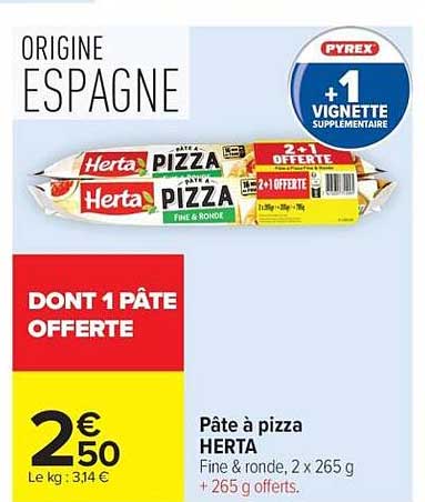 PÂTE À PIZZA HERTA Fine & ronde, 2 x 265 g + 265 g offerts