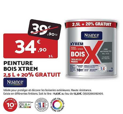 PEINTURE BOIS XTREM 2,5 L + 20% GRATUIT