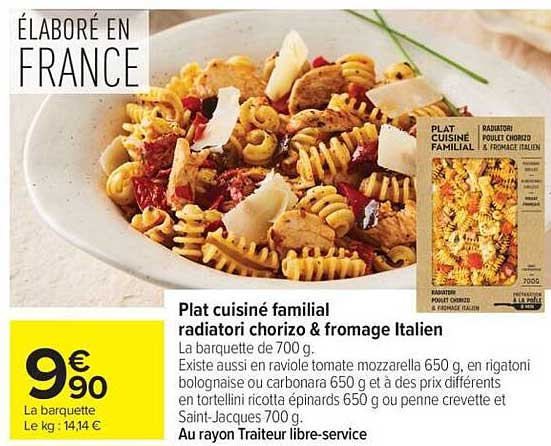 Plat cuisiné familial radiatori chorizo & fromage italien