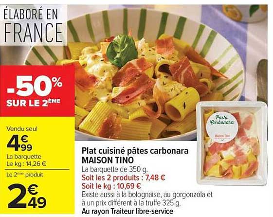 Plat cuisiné pâtes carbonara MAISON TINO