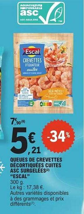 QUEUES DE CREVETTES DÉCORTIQUÉES CUITES ASC SURGELÉES “ESCAL”