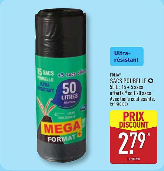 SACS POUBELLE 50 L : 15 + 5 Sacs offerts(*) soit 20 sacs. Avec liens coulissants.