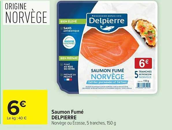 Saumon Fumé DELPIERRE Norvège ou Ecosse, 5 tranches, 150 g