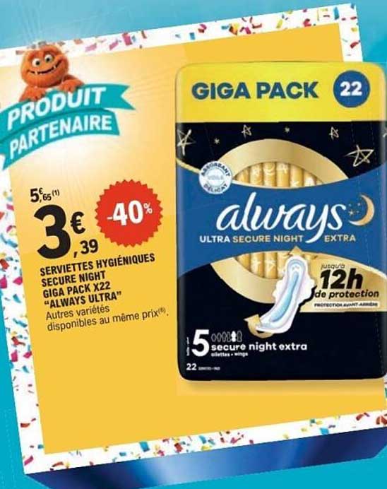 SERVIETTES HYGIÉNIQUES SECURE NIGHT GIGA PACK X22 "ALWAYS ULTRA"