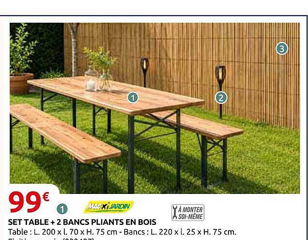 SET TABLE + 2 BANS PLIANTS EN BOIS