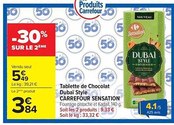 Tablette de Chocolat Dubaï Style CARREFOUR SENSATION
