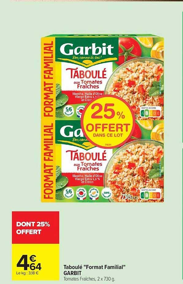 Taboulé "Format Familial" GARBIT Tomates Fraîches, 2 x 730 g.