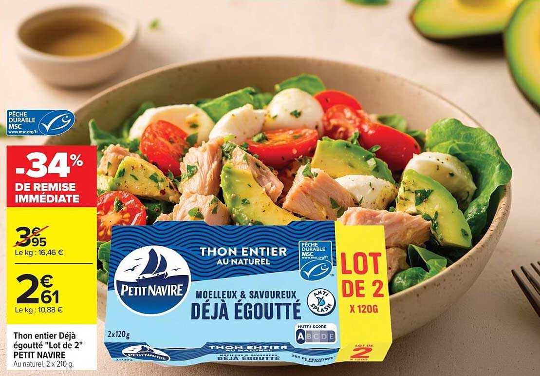Thon entier Déjà égoutté "Lot de 2" PETIT NAVIRE Au naturel, 2 x 120 g
