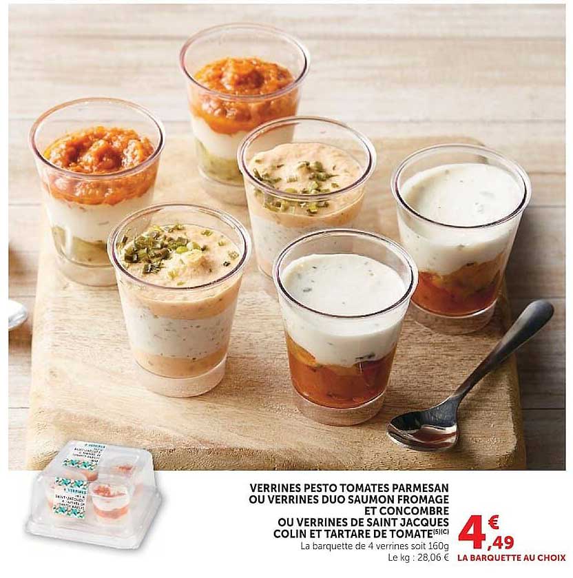 VERRINES PESTO TOMATES PARMESAN OU VERRINES DUO SAUMON FROMAGE ET CONCOMBRE OU VERRINES DE SAINT JACQUES COLIN ET TARTARE DE TOMATE