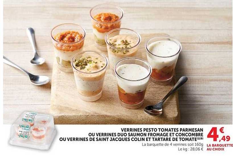 VERRINES PESTO TOMATES PARMESAN OU VERRINES DUO SAUMON FROMAGE ET CONCOMBRE OU VERRINES DE SAINT JACQUES COLIN ET TARTARE DE TOMATE