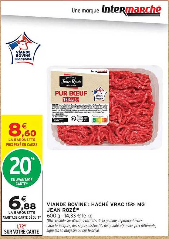 VIANDE BOVINE : HACHÉ VRAC 15% MG JEAN ROZÉ