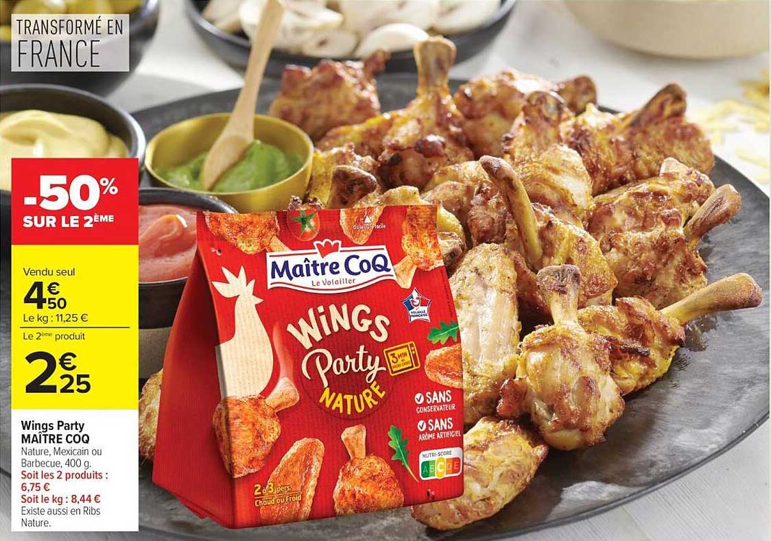 Wings Party MAÎTRE COQ Nature, Mexican ou Barbecue, 400 g. Soit les 2 produits : 6,75 €
