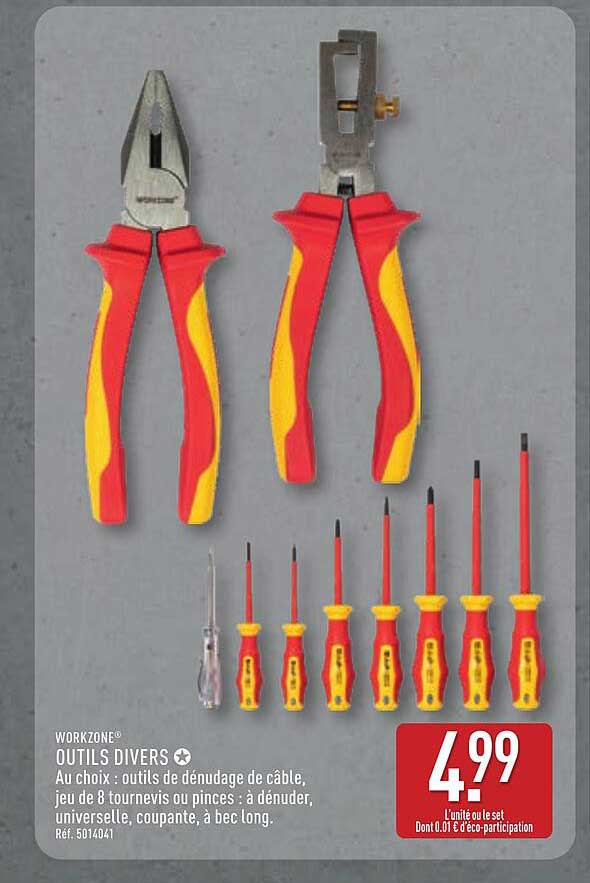 WORKZONE® OUTILS DIVERS Au choix : outils de dénudage de câble, jeu de 8 tournevis ou pinces : à dénuder, universelle, coupante, à bec long.