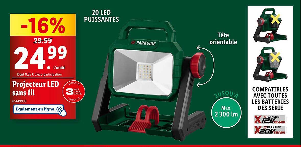 PARKSIDE® PROJECTEUR LED sans fil »PLSA 20-Li A1«, 12 V EUR 49,90