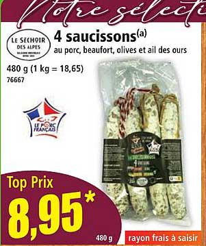 4 saucissons au porc, beaufort, olives et ail des ours