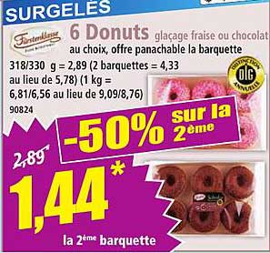 6 Donuts glacés fraise ou chocolat -50% sur la 2ème barquette