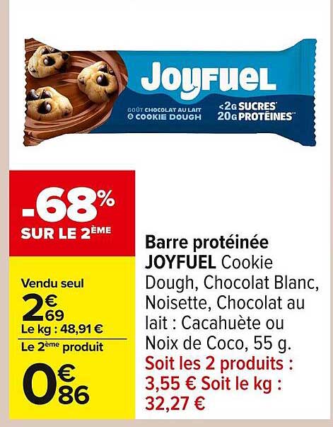 Barre protéinée JOYFUEL Cookie Dough, Chocolat Blanc, Noisette, Chocolat au lait : Cacahuète ou Noix de Coco, 55 g