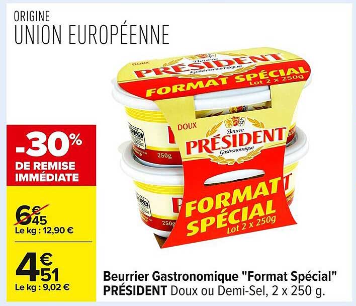Beurrier Gastronomique "Format Spécial" PRÉSIDENT Doux ou Demi-Sel, 2 x 250 g