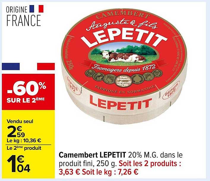 Camembert LEPETIT 20% M.G. dans le produit fini, 250 g