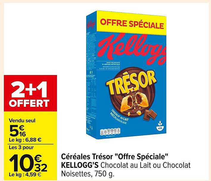 Céréales Trésor "Offre Spéciale" KELLOGG'S Chocolat au Lait ou Chocolat Noisettes, 750 g
