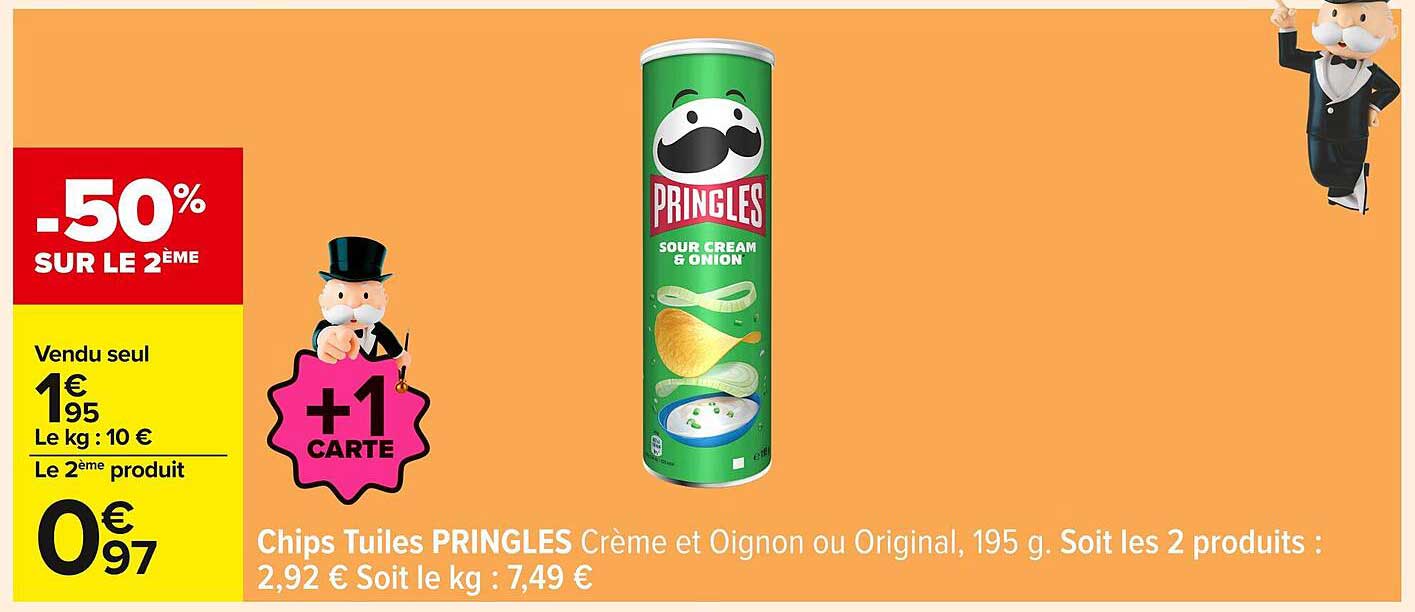 Chips Tuiles PRINGLES Crème et Oignon ou Original, 195 g