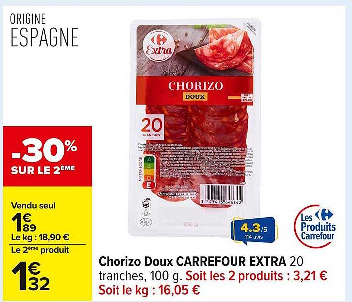Chorizo Doux CARREFOUR EXTRA 20 tranches, 100 g.