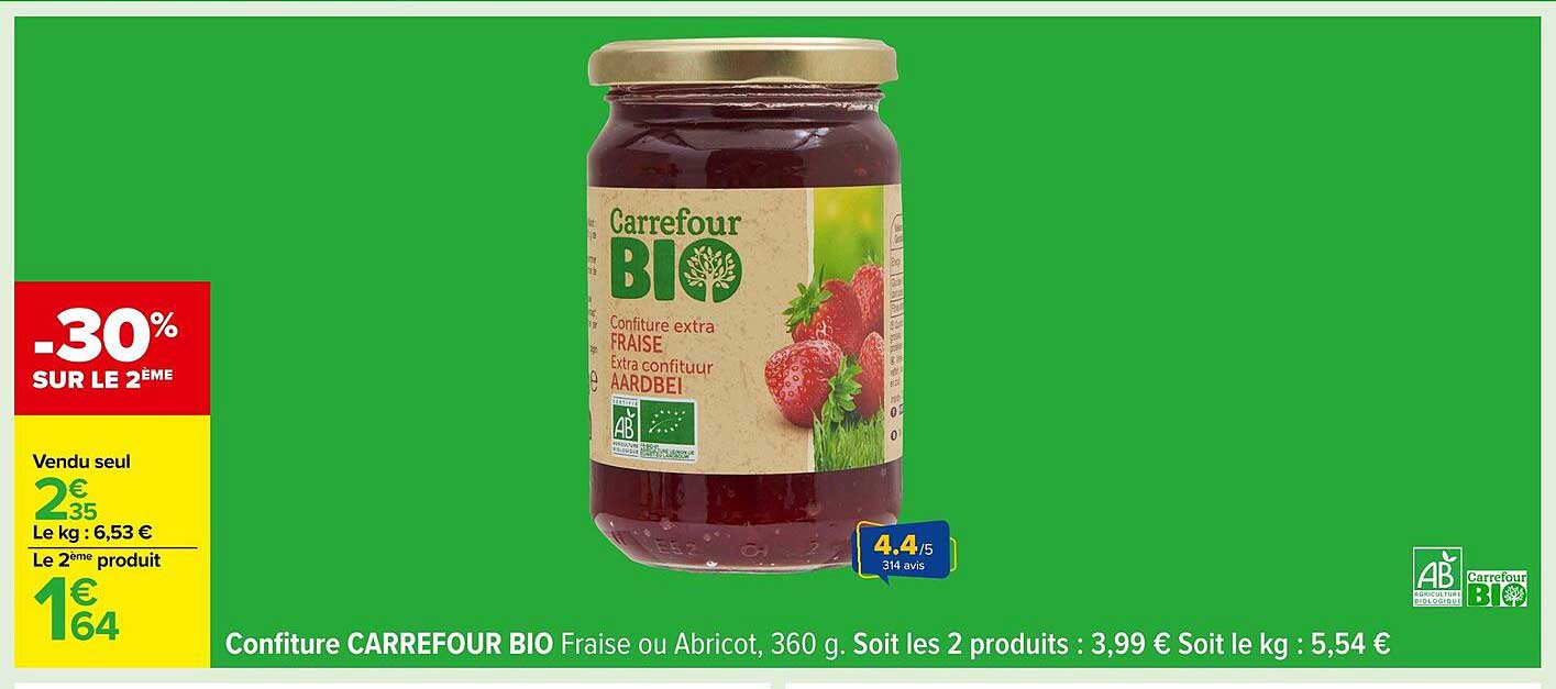 Confiture CARREFOUR BIO Fraise ou Abricot, 360 g.